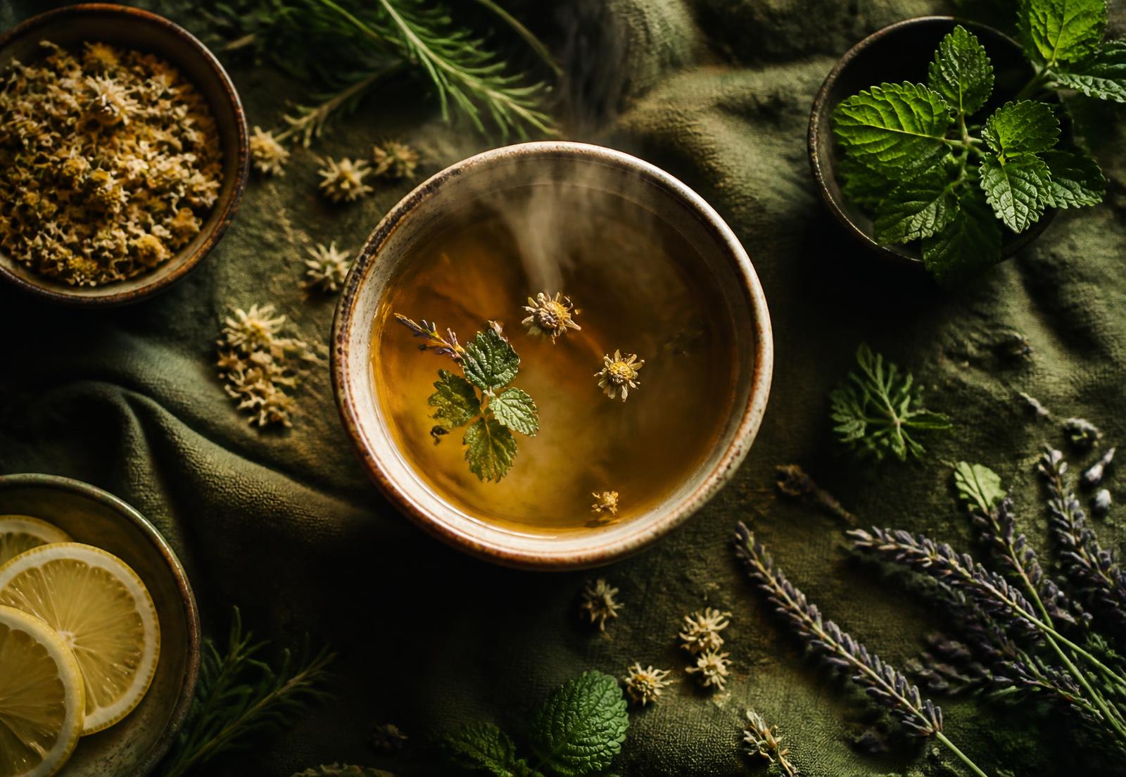 Taza de infusión humeante rodeada de manzanilla, lavanda, romero y melisa